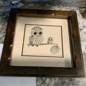 Vintage Pen & Ink Art Print OWLS in Wood Frame 1970s ARTIST JBD